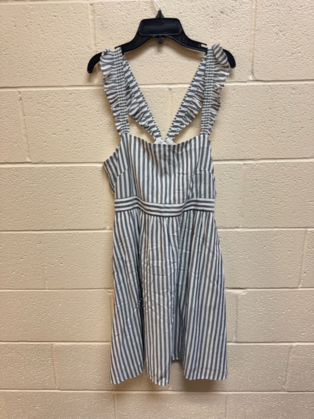 Madewell White and Gray Striped Ruffled-Strap Midi Dress